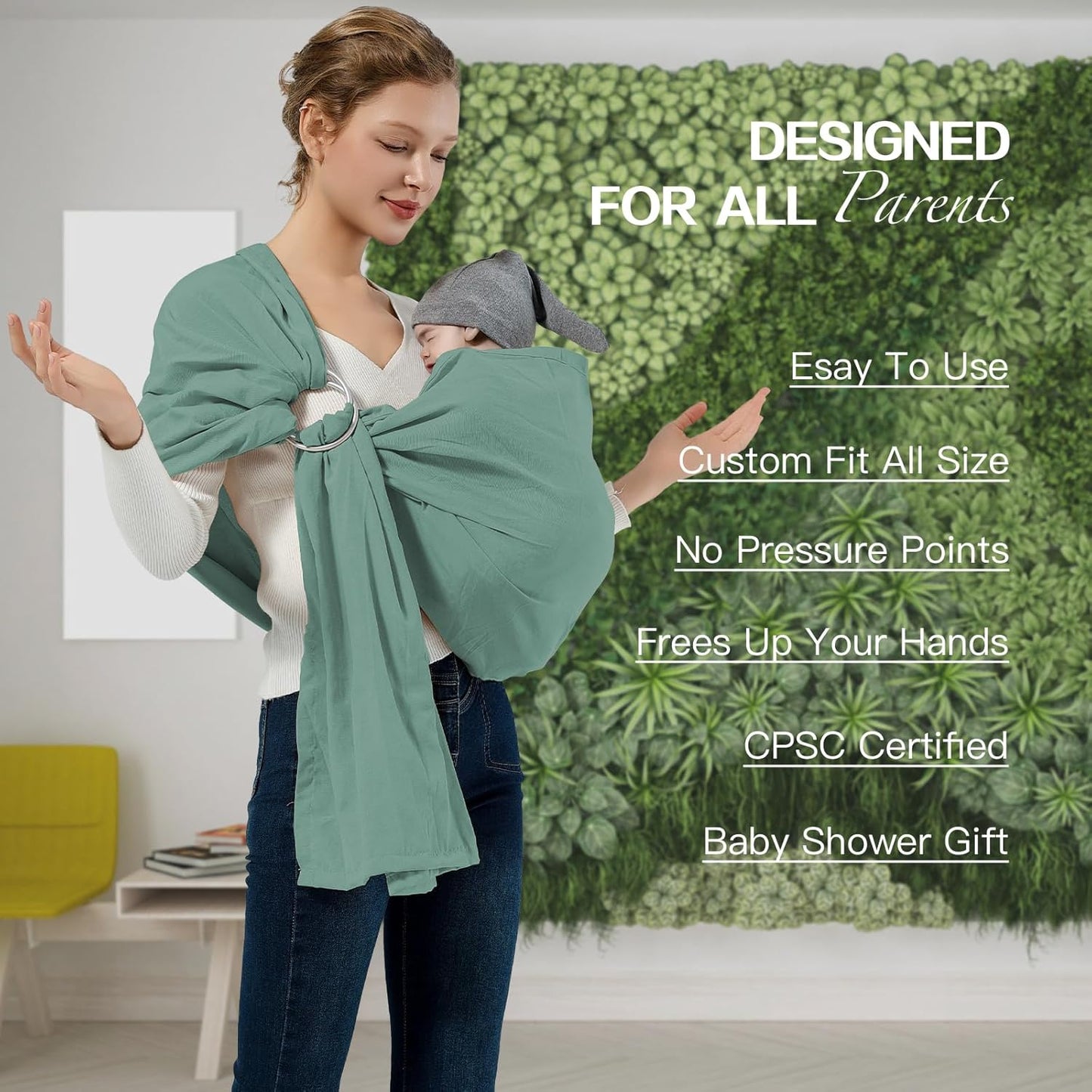 Baby Wrap Ring Sling 7-35 lbs, Baby Sling Carrier for Newborn, Toddler, Infant Holder, Lightweight Baby Carrier Wraps, Green