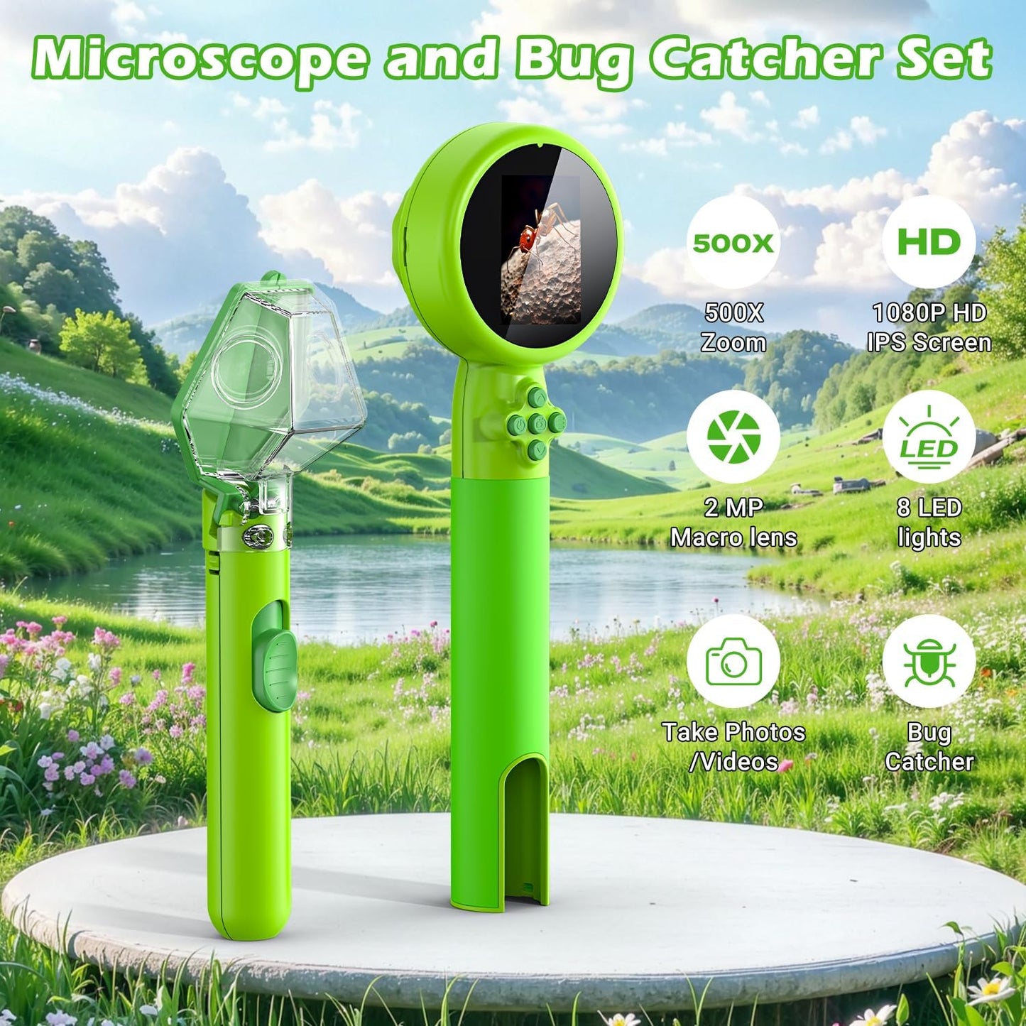 2 in 1 Kids Microscope with Bug Catcher,HD 500X Digital Microscope for Kids with 2" Screen,Photo and Video,STEM Educational Science Kit Learning Toys for Age 3-12 Girls & Boys Birthday Gifts (Green)