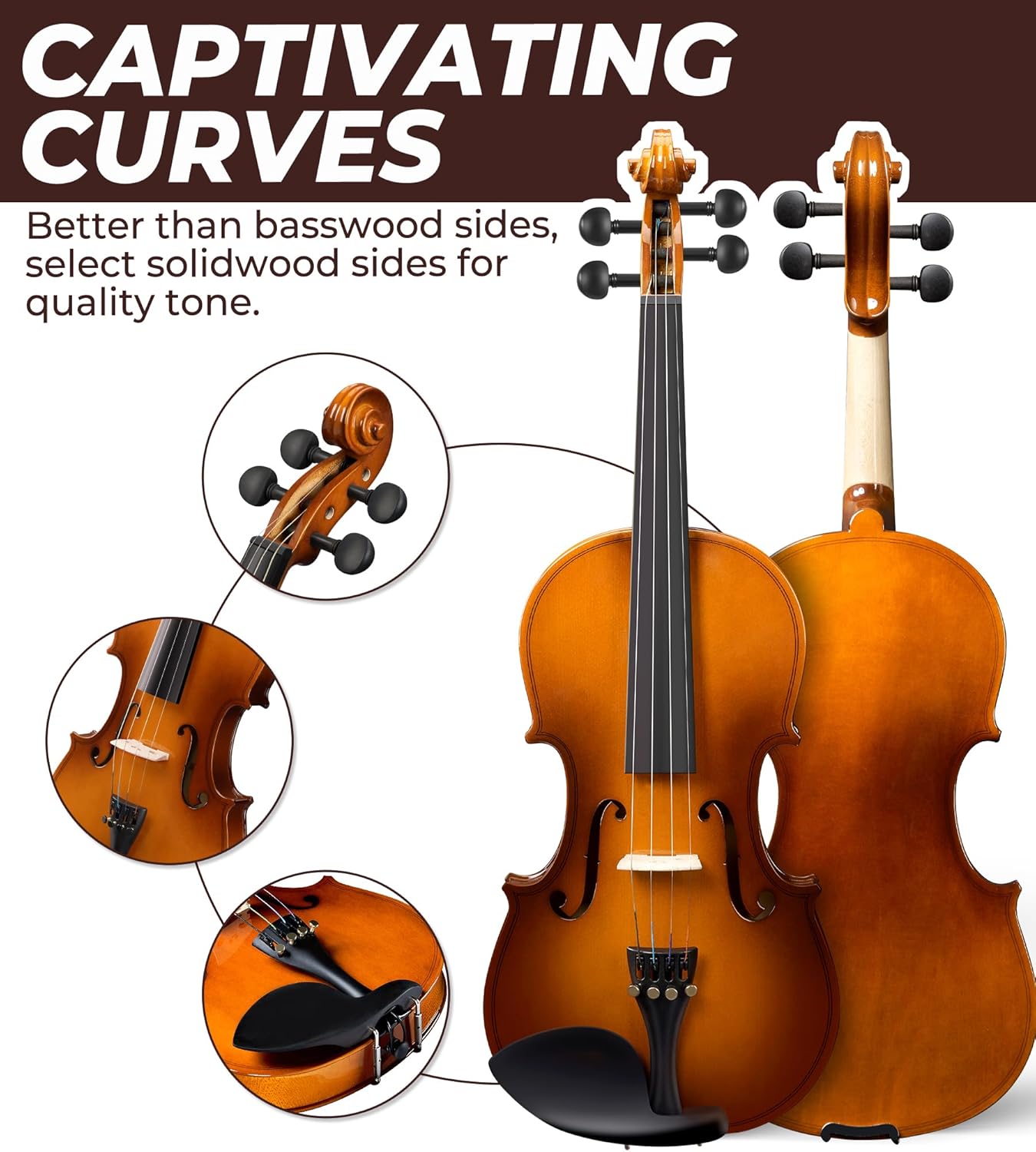 Vangoa Violin 1/2 Size Set Fiddle, Handcrafted Half Size Starter Acoustic Violins Kit with Solid Wood Side Board, Lightweight Hard Case for Beginners Learners, Children, Kids, Adults, Right Handed