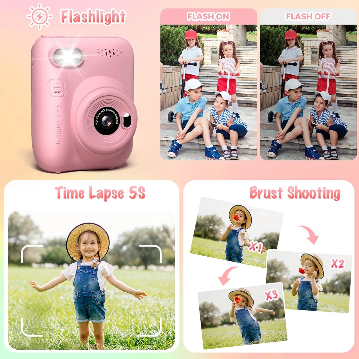 Instant Print Camera for Kids, 3.0" HD 32MP Kids Camera 1080P with 3 Rolls of Printer Paper, Birthday Gifts Toy for 3-12 Year Old Girls Boys with 32GB SD Card-Pink