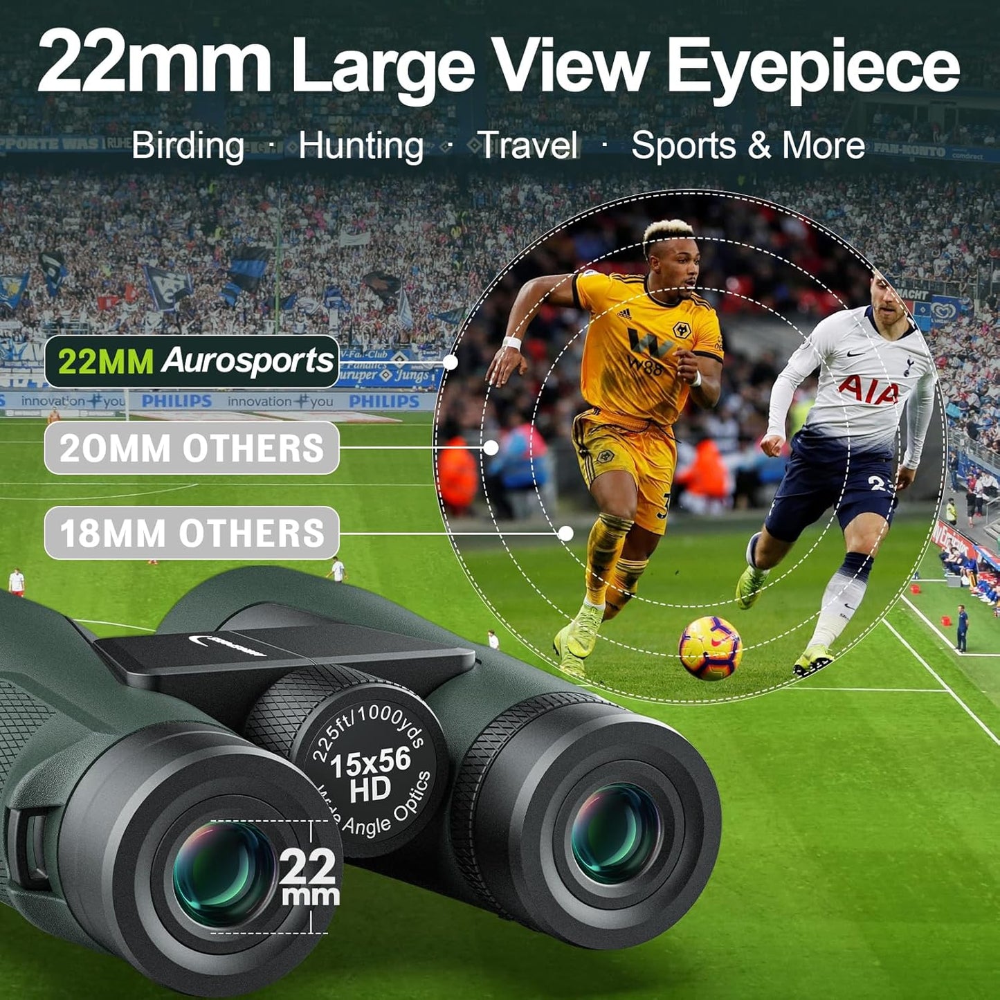 15x56 Binoculars for Adults High Powered - Aurosports HD Large View Binoculars with Clear Low Light Vision - Lightweight Easy Focus Bird Watching Hunting Hiking Cruise Travel - Green