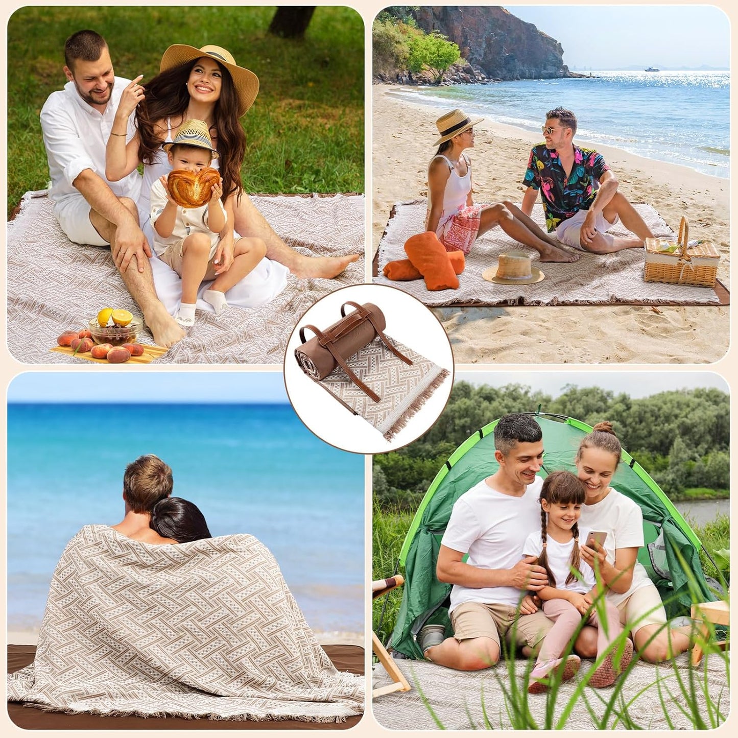 Waterproof Picnic Blankets Outdoor Blanket Foldable 2 in 1 Double Layer Sandproof Beach Mat with Carry Strap for Camping Lawn Park Beach Grass(Khaki)