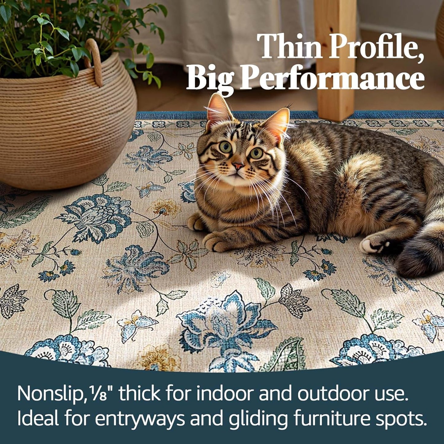 jinchan 8x10 Floral Rug for Living Room Washable Bedroom Rug Vintage Romance Design Non Slip Thin Indoor Floor Cover Large Low-Profile Throw Carpet for Dining Room Office, Blue/Beige