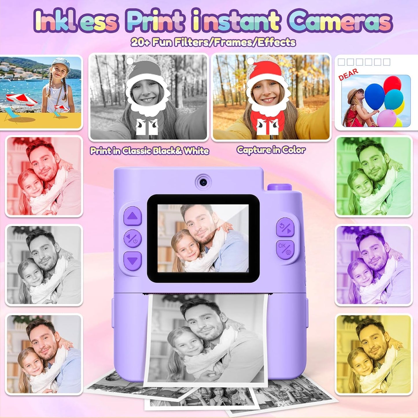 Kids Camera Gift for Girls: Selfie Digital Instant Print Cameras HD Camcorder Toys for Kids Teen Girls Boys Ages 3 4 5 6 7 8 9 10 12 Birthday Christmas Valentines Easter Gifts with 32G SD Card Purple