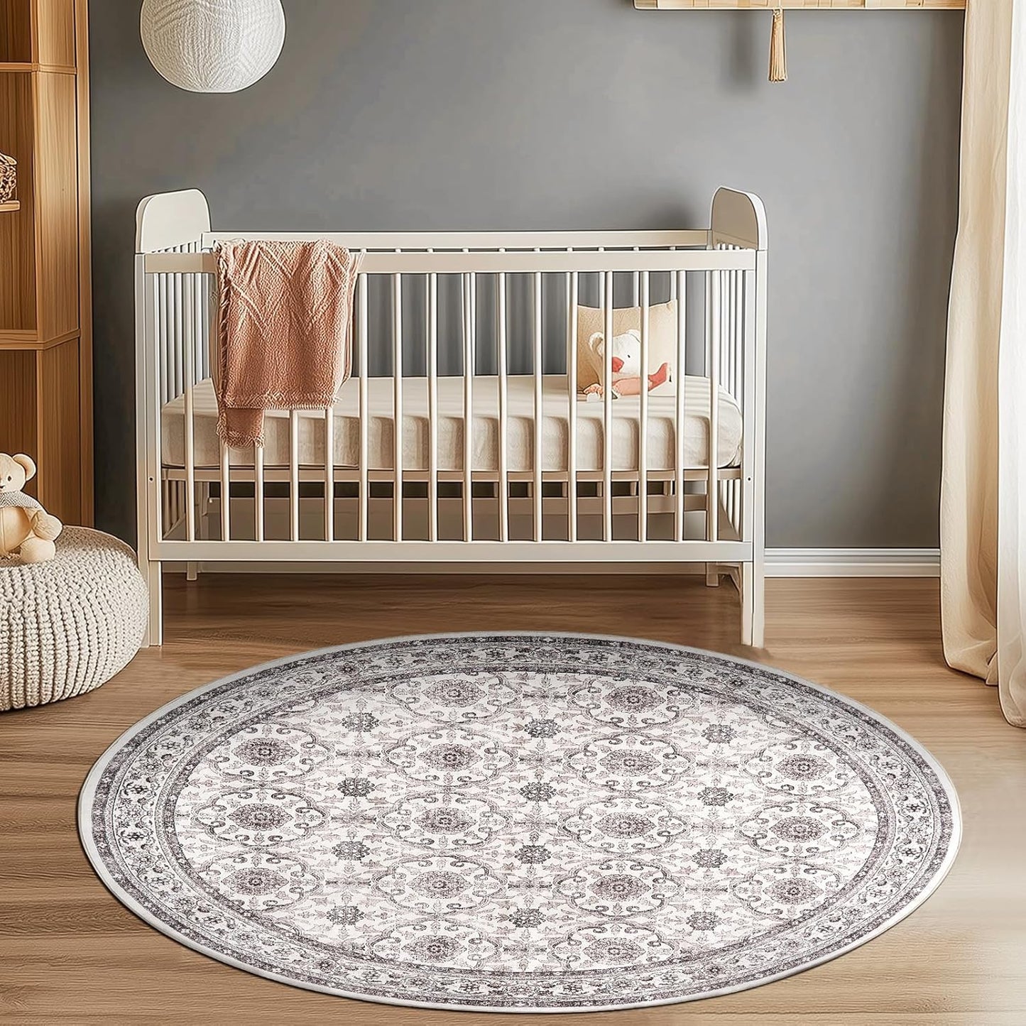 jinchan Round Rug 5ft Washable Circle Soft Rug - Low Pile Vintage 5'Round Indoor Beige Floral Print Stain Resistant Boho Carpet Ultra-Thin Non-Slip for Entryway Nursery Bedroom Dining Room Kitchen