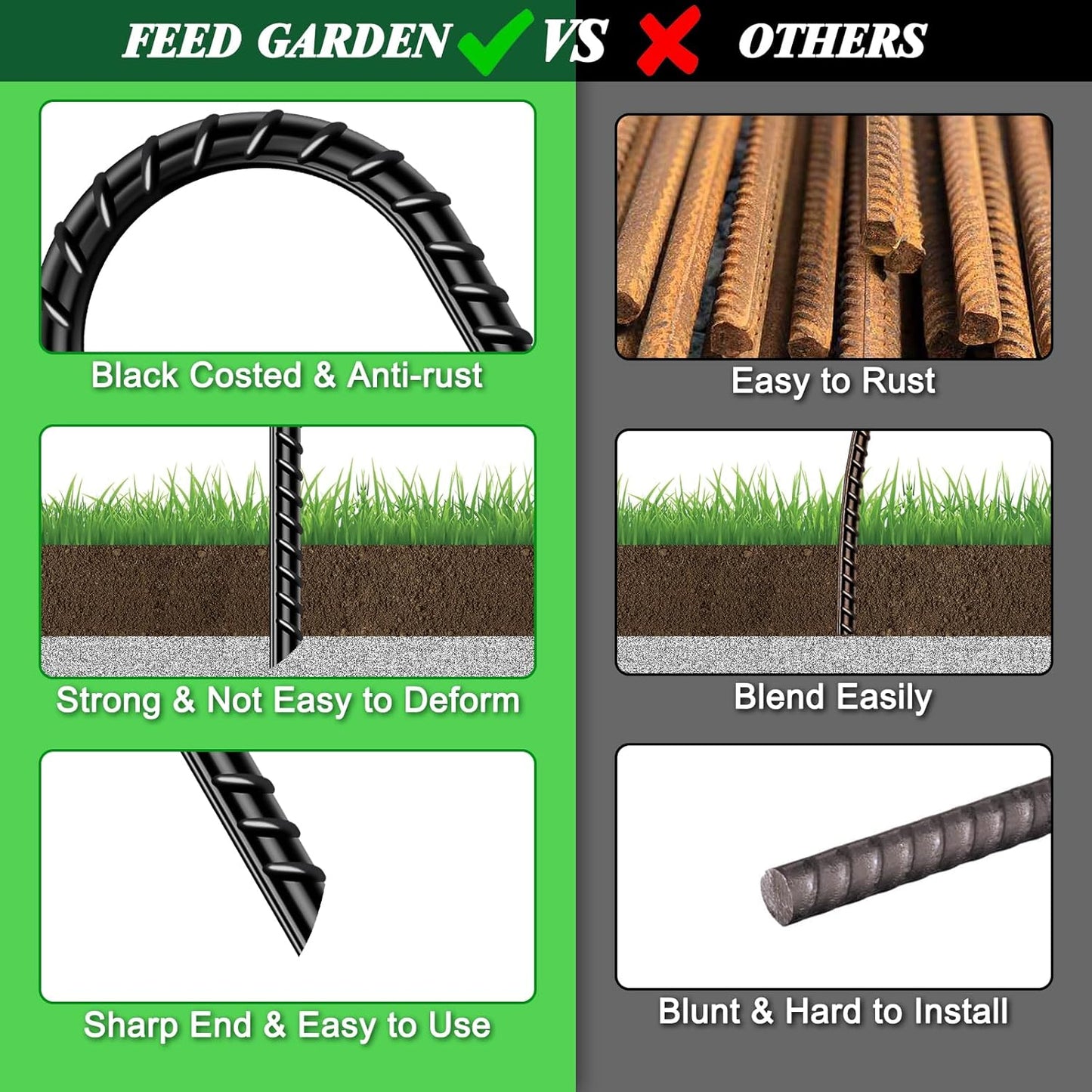 FEED GARDEN 12 Inch 8 Pack Rebar Stakes Heavy Duty J Hook, Galvanized Ground Stakes Tent Stakes Steel Ground Anchors, Chain Link Fence Stakes, Trampoline Stakes, Black