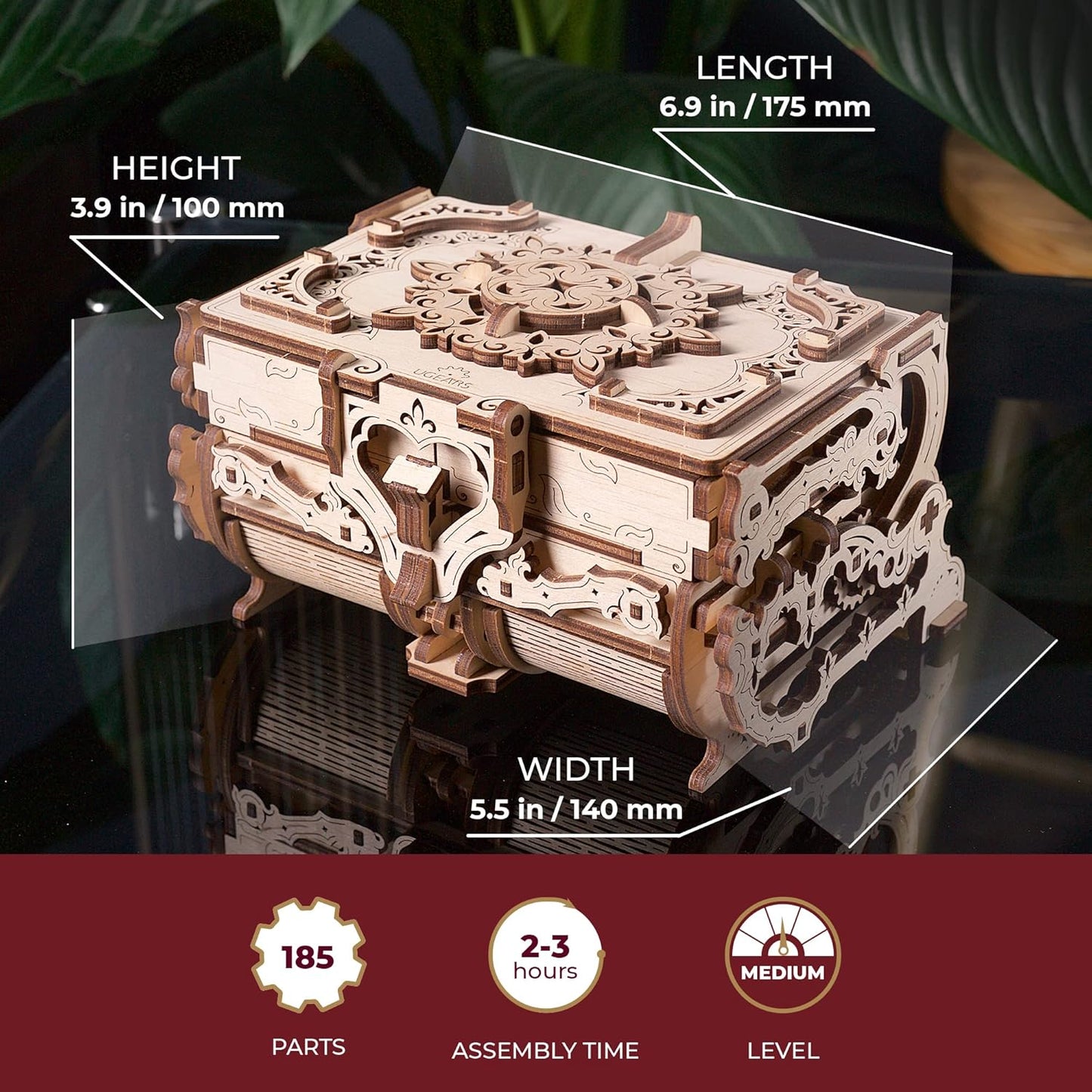UGEARS 3D Wooden Puzzles Box - 3D Puzzle Antique Wooden Box Wooden Model Kits for Adults - Laser-Cut Mechanical Model Construction Kit
