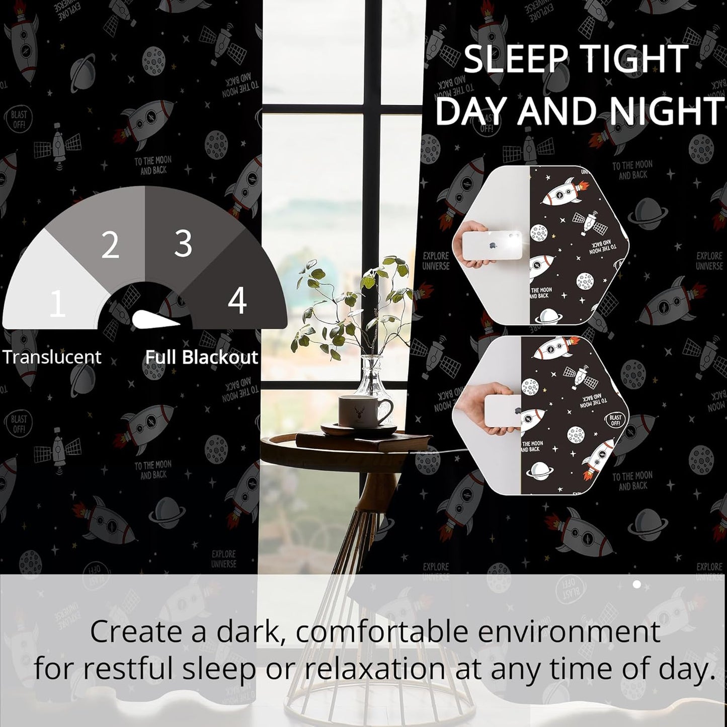Kids Space Rocket Blackout Curtains - 100% Blackout, Thermal Insulated, Noise Reducing, Perfect for Kids Room and Nursery, 2 Panels (Blast-Off Moon Mission, W52×L84)