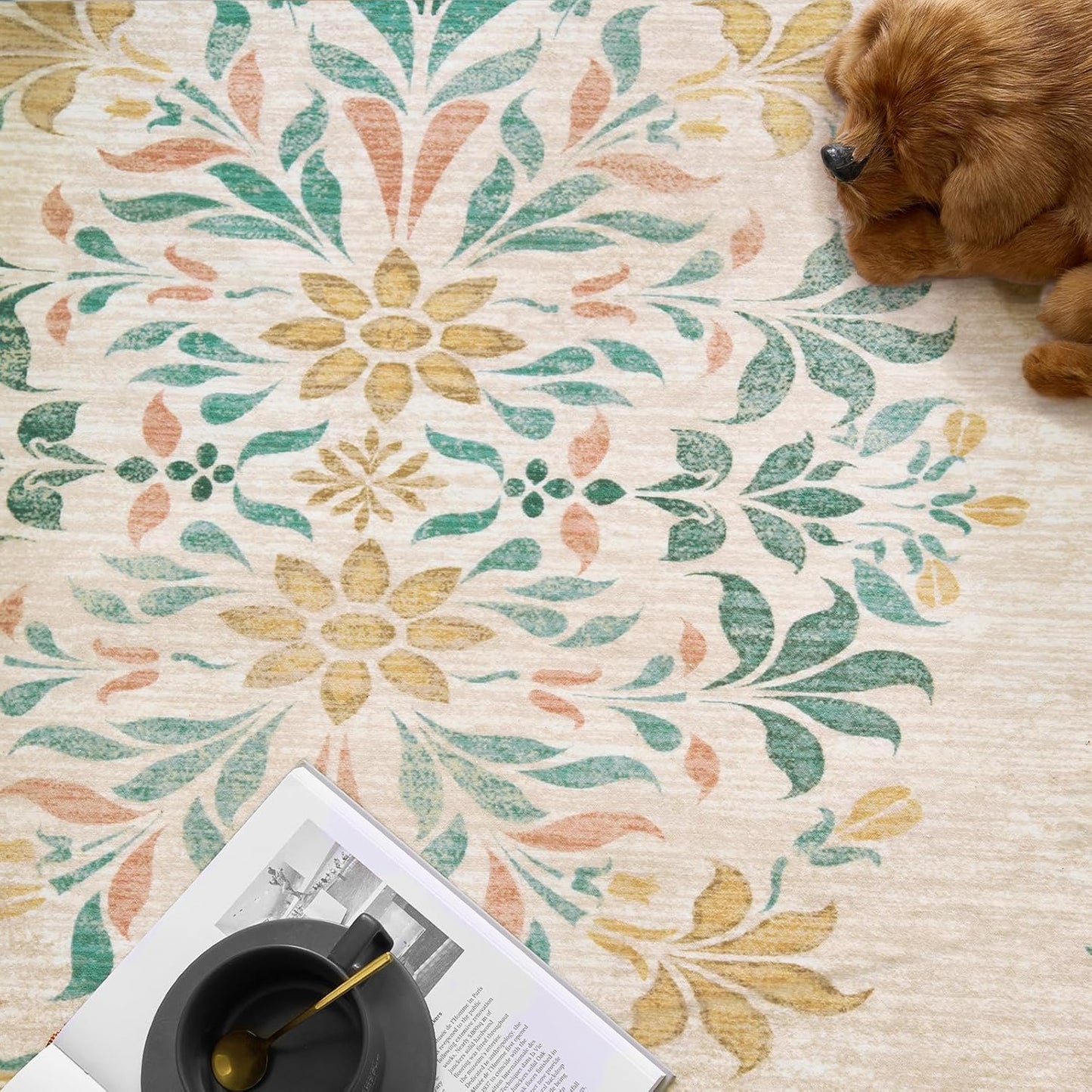 jinchan Round Rug 4ft Area Rugs Vintage Floral Distressed Design,Machine Washable Soft Non-Slip Low-Pile Ultra-Thin Circle Rug for Entryway Bedside Living Room Kitchen Nursery (4' Round,Apricot Multi)