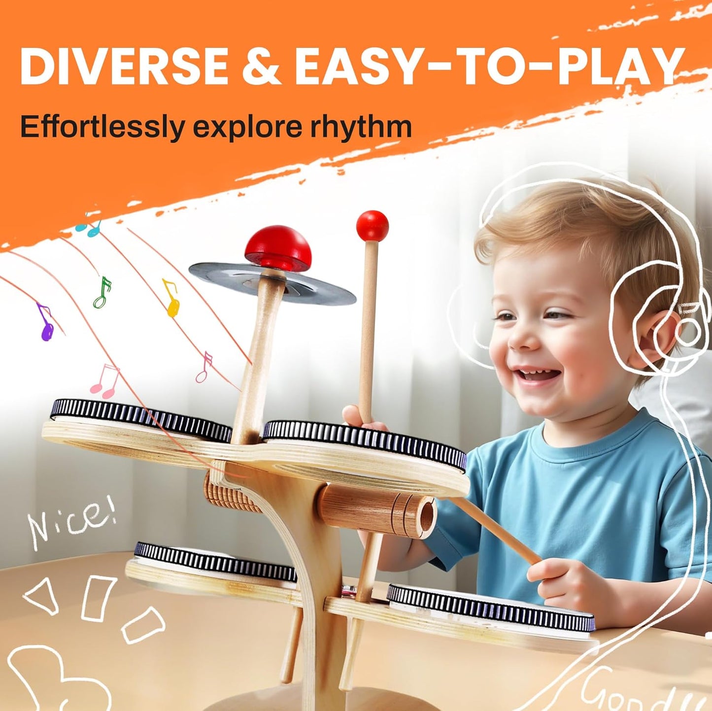 iPlay, iLearn Toddler Wooden Drum Set, Kids Musical Instruments Toy, 8 in 1 Percussion Drum Kit W/Xylophone Cymbal, Baby Montessori Learning Birthday Gifts for 18 Month, 2 3 4 5 6 Year Old Boy Girl
