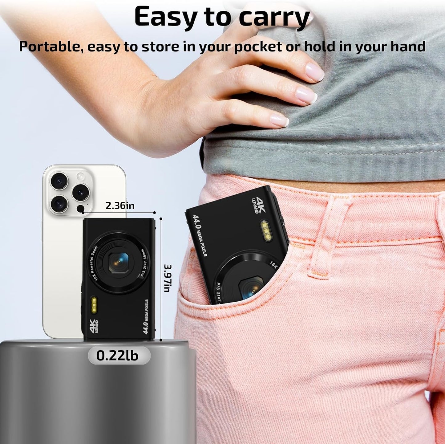 Upgrade Digital Camera, FHD 4K 44MP Autofocus Digital Point and Shoot Video Camera with 16X Zoom, 32GB SD Card, Compact Digital Camera Cheap for Teens Boys Girls Kids Black Camera