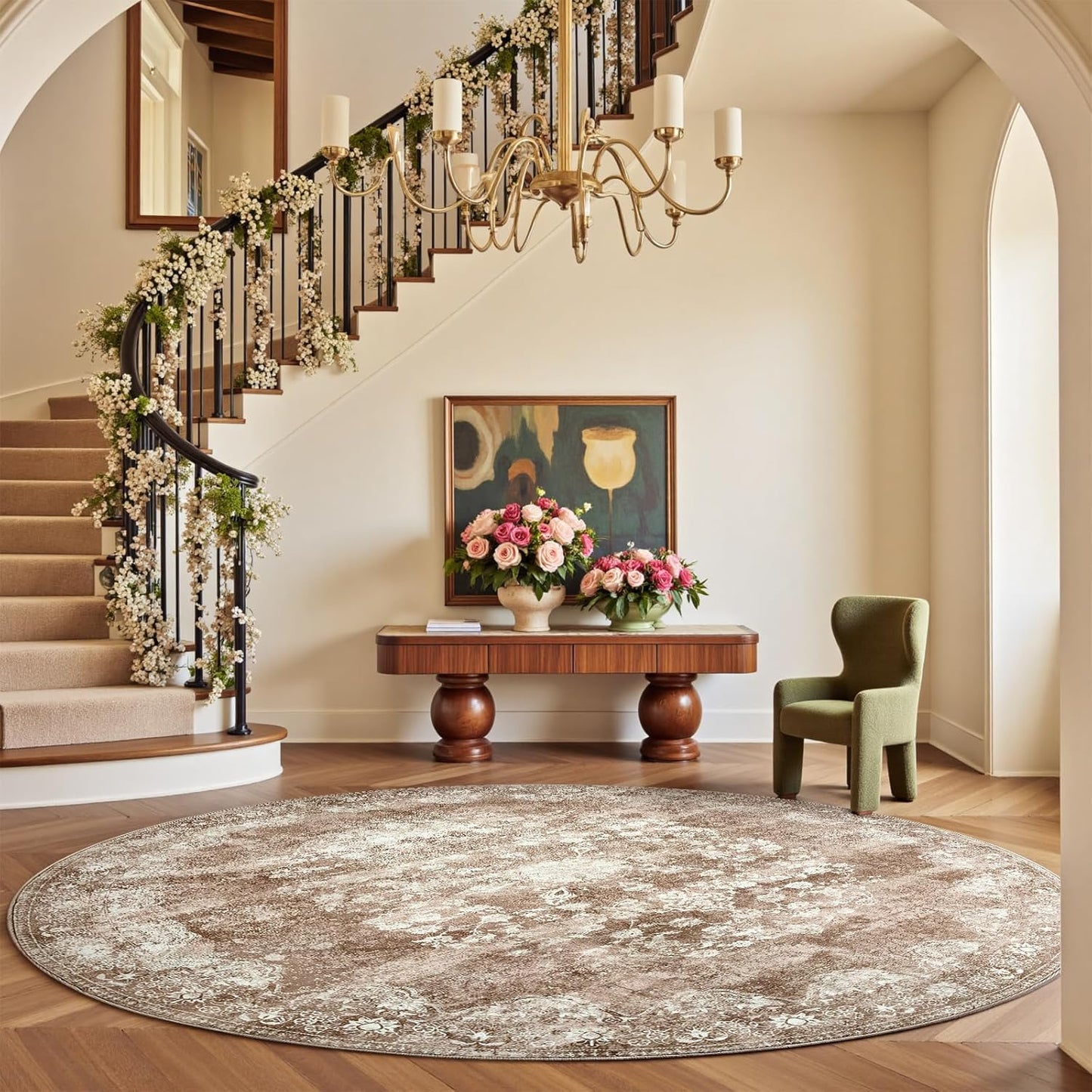 jinchan Round Rug 8ft Area Rug - Brown Vintage Floor Mat Kitchen Indoor - Washable Circle 8' Thin Floral Print Carpet Retro Farmhouse Non Slip Dining Room Living Room Bedroom Office