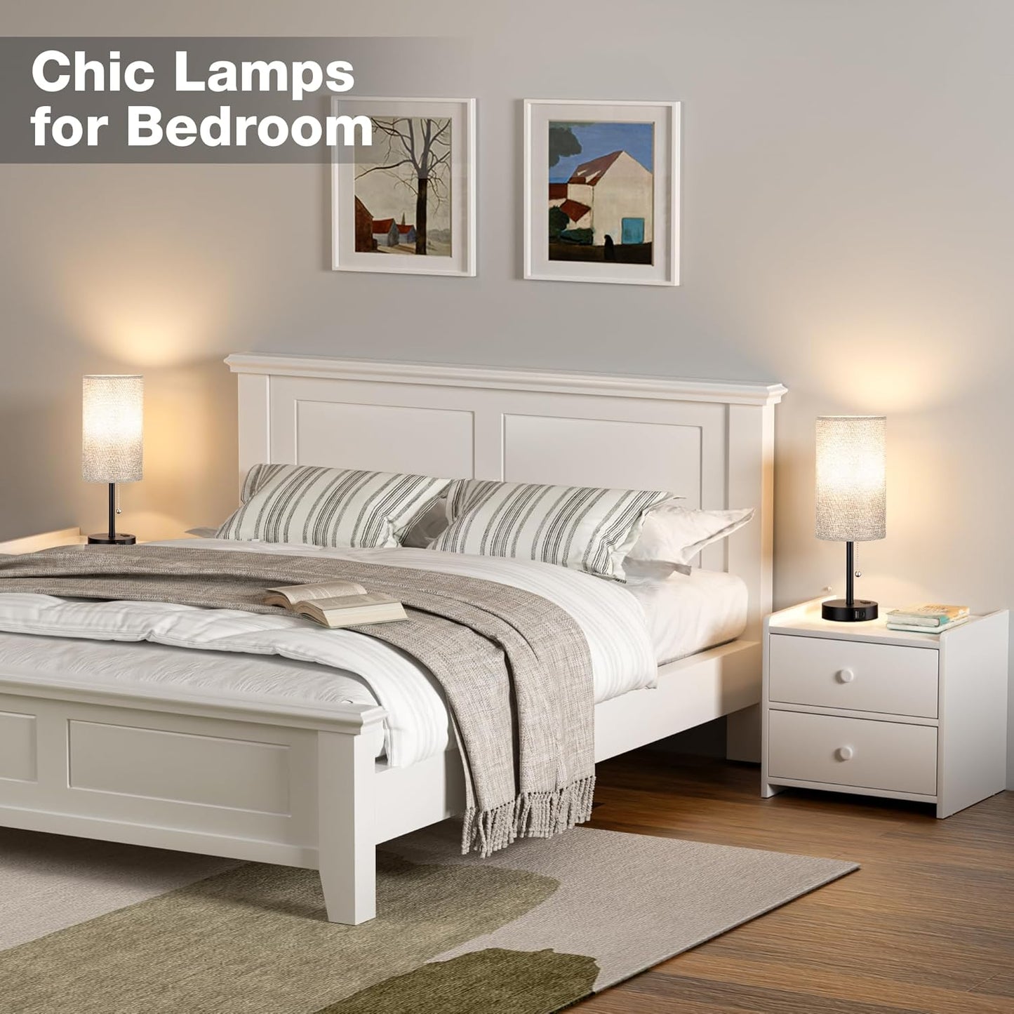 17.4Inches Grey Bedside Lamp for Bedroom Nightstand - Tall Table Lamp with USB A + C Charging Port & AC Outlet, 3 Color Temperatures Pull Chain Light, Side Table Desk Reading Lamp for Living Room