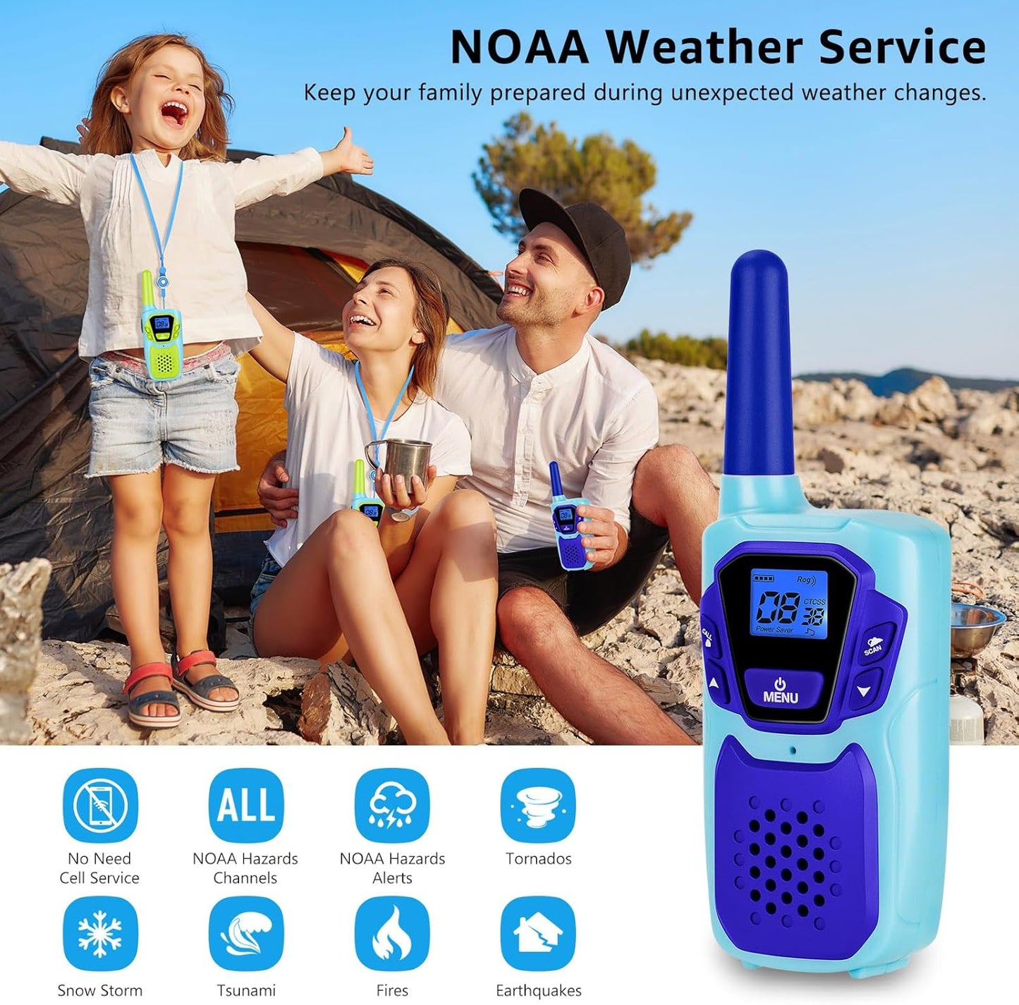 Walkie Talkies for Kids Long Range Walkie-Talkie for Adults Rechargeable 2 Way Radios 3 Pack with Lanyard 4 Miles NOAA USB VOX, Family Toys for 3-12 Year Old Boys Girls Toddlers Camping Hiking