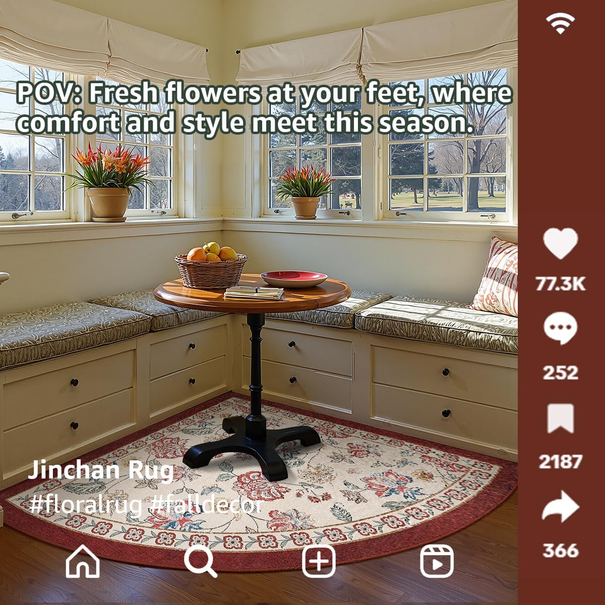 jinchan Floral Corner Rug for Living Room Washable Bedroom Rug Vintage Romance Design Non Slip Quarter Circle Lightweight Low-Pile Throw Carpet for Reading Nook Playroom,8ft Radius, Red/Beige