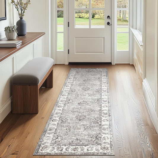 jinchan Runner Rug 2x5 Machine Washable Hallway Rug Grey Vintage Floral Print Non-Slip Low Pile Ultra-Thin for Kitchen,Entryway,Laundry Room,Bedroom,Farmhouse (2‘x5’,Grey)