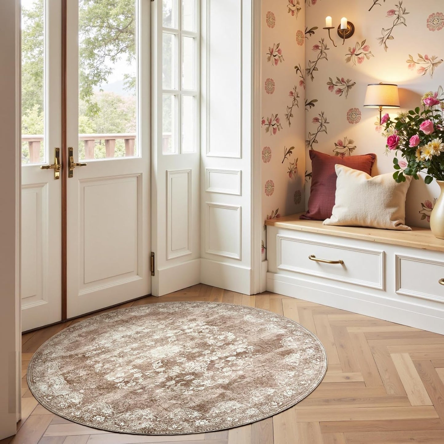 jinchan Round Rug 4ft Area Rug - Brown Vintage Floor Mat Kitchen Indoor - Washable Circle 4' Thin Floral Print Carpet Retro Farmhouse Non Slip Dining Room Living Room Bedroom Office