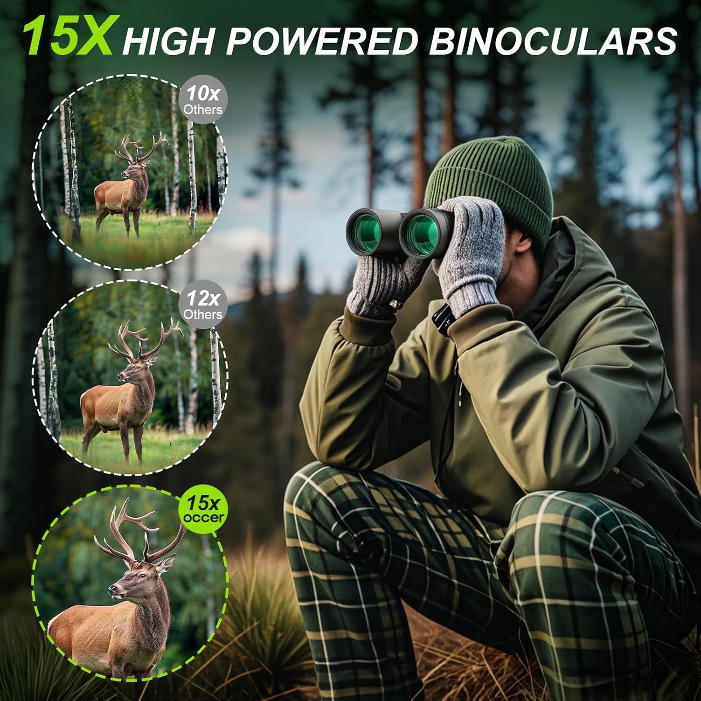 15x42 Binoculars for Adults High Powered - Occer HD Lightweight Travel Hunting Binoculars with Clear Low Light Vision for Bird Watching, Whale Watching, Camping -Green
