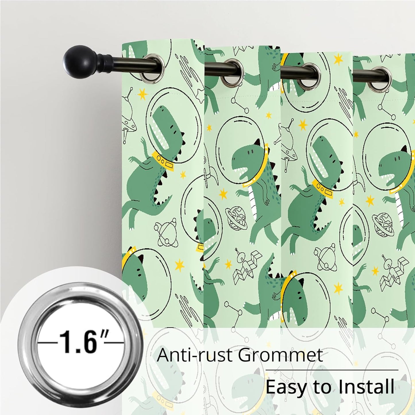 Kids Space Dino Blackout Curtains - 100% Blackout, Thermal Insulated, Noise Reducing, Perfect for Kids Room and Nursery, 2 Panels (Cosmo Dino Green, W52×L84)