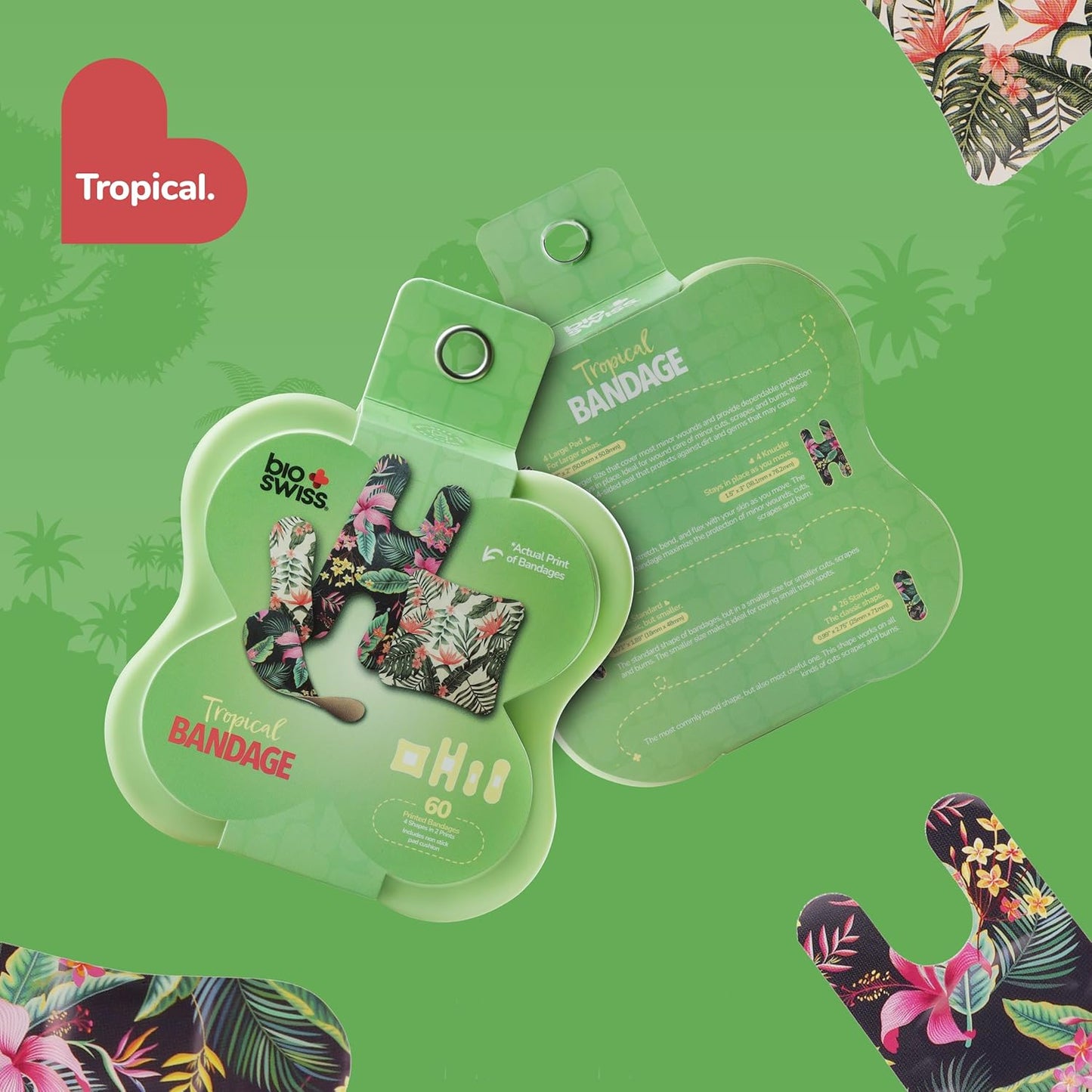 BioSwiss Bandages, Assorted Size Tropical Print Self Adhesive Bandage, Latex Free Sterile Wound Care, First Aid Kit Supplies for Kids and Adults, 60 Count