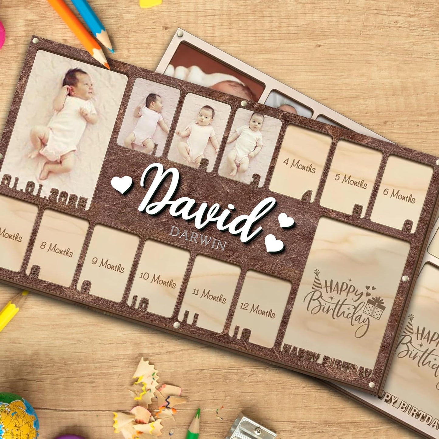 Personalized My First Year Photo Frame | 12 Months Picture Frame For Baby First Year | Displays Two 4x6 Photo and Twelve 2x3 Pictures | Birthday Party Decor Newborn Memory Keepsake, Style MP5