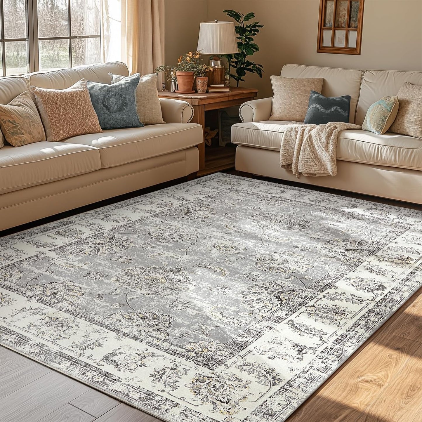 jinchan Vintage Floral 5x7 Area Rugs for Bedroom - Machine Washable Distressed Design Stain Resistant Boho Carpet Ultra-Thin Low Pile Non-Slip Rug for Living Room Dining Room Kitchen (5‘x7',Grey)