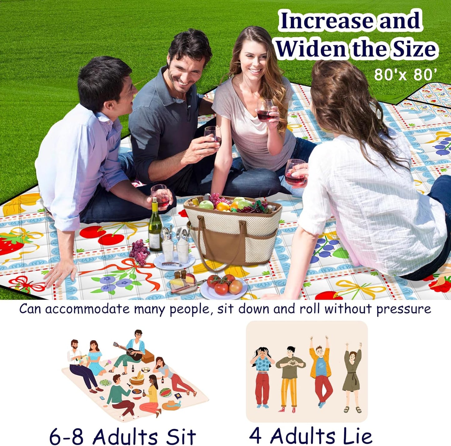 Extra Large Picnic Blanket Waterproof,80"x 80"Foldable Machine Washable Beach Blanket,Outdoor Blanket for 6-8 Adults,Suitable for Indoor Crawling,Park Beach,Camping,Hiking,Family Travel(Fruit)