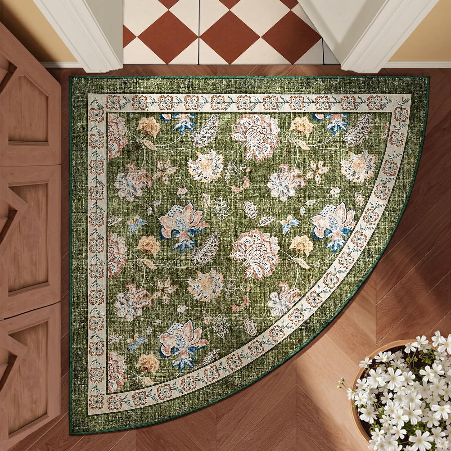 jinchan Floral Corner Rug for Entryway Washable Kitchen Rug Vintage Romance Design Non Slip Quarter Circle Lightweight Low-Pile Throw Carpet for Playroom Reading Nook Nursery, 4ft Radius, Green