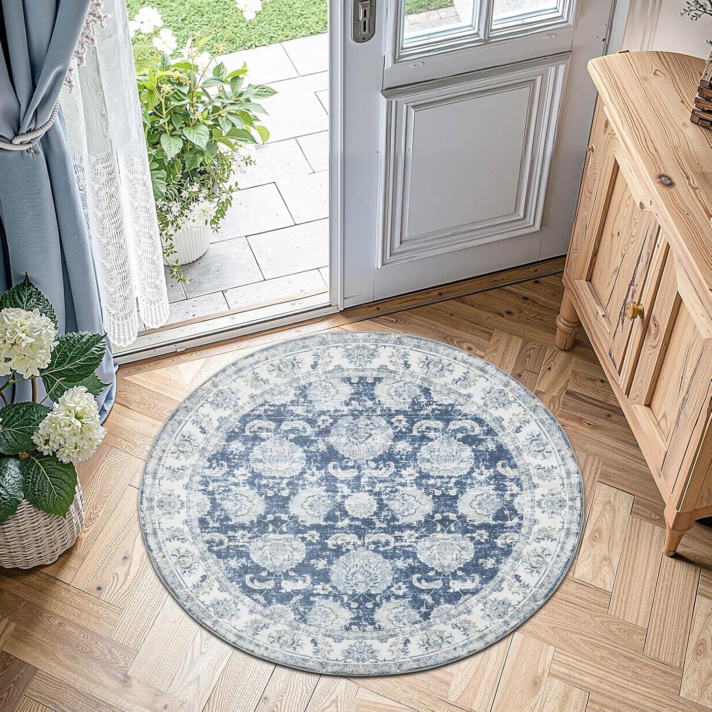 jinchan Round Rug 4ft Area Rug - Indoor Vintage Hallway Circle 4' Washable - Ultra-Thin Low Pile Soft Small Non Slip Distressed Floral Print for Living Room Dining Room Bedroom Entryway Dark Blue