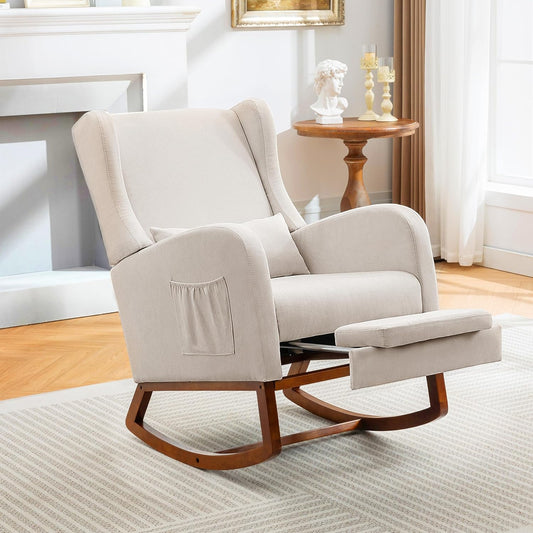 Rocking Chair Nursery Glider Chair with Foot Rest, Nursery Rocking Chairs with Rubber Wood Legs Side Pocket, High Back Nursing Chair, Accent Rocker Arm Chair Baby Bedroom, Living Room, Beige