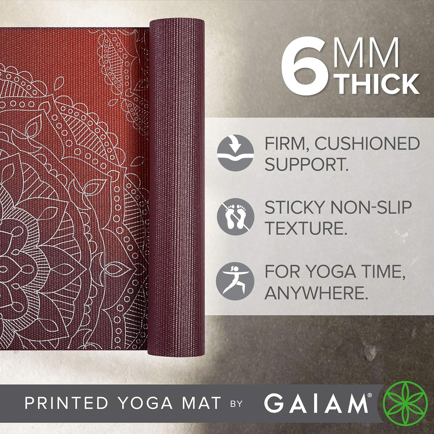 Gaiam Yoga Mat - Premium 6mm Print Extra Thick Non Slip Exercise & Fitness Mat for All Types of Yoga, Pilates & Floor Workouts (68"L x 24"W x 6mm Thick)