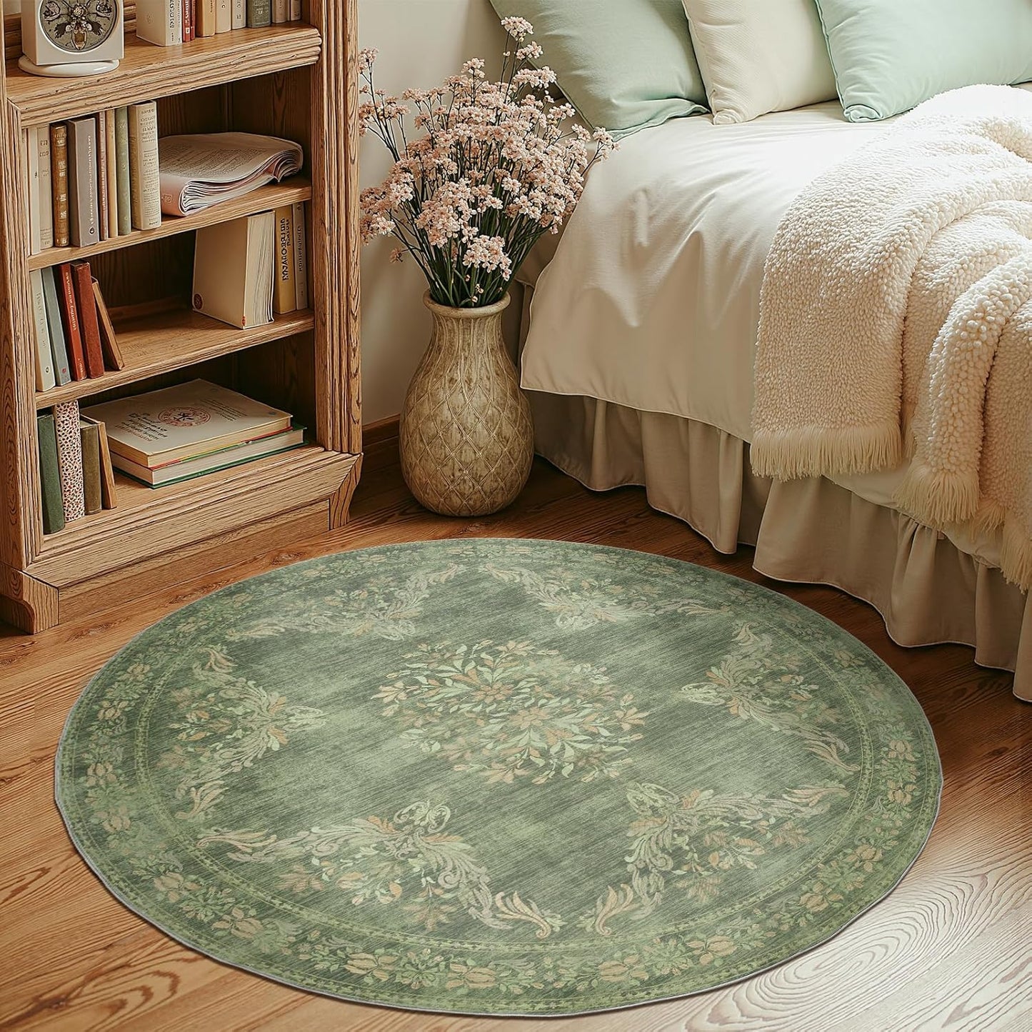 jinchan Round Rug 4ft Area Rugs Vintage Floral Distressed Design,Machine Washable Soft Non-Slip Low-Pile Ultra-Thin Circle Rug for Entryway Bedside Living Room Kitchen Nursery (4' Round,Dark Green)