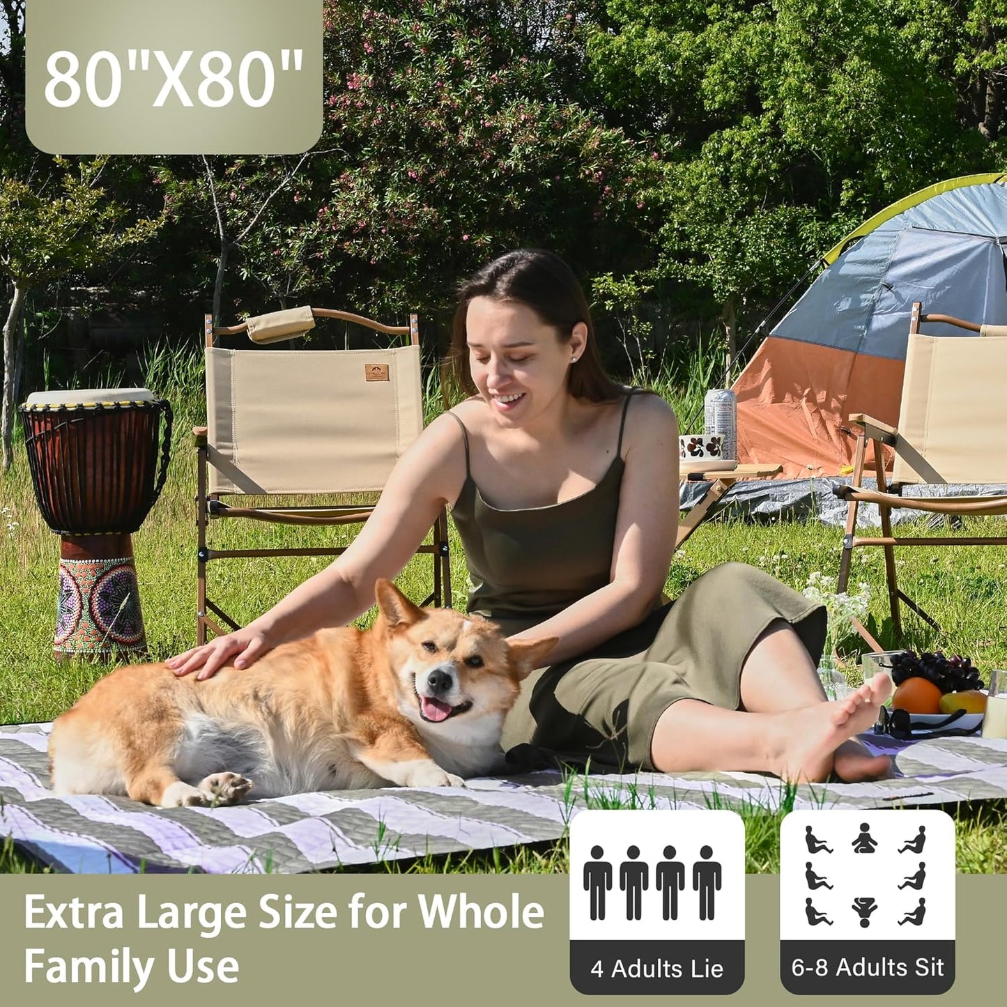 HX&OD Outdoor Picnic Blanket Extra Large, 80''*80' Waterproof Picnic Mat with Stakes Foldable Camping Blanket Portable with Carry Strap for Beach Mat (Green, 80''*80'')