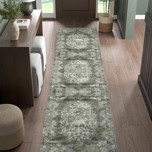 jinchan Hallway Runner Rug 2x10 Vintage Floral Distressed Design - Machine Washable Non-Slip Low-Pile Soft Thin Faux Wool Kitchen Carpet for Farmhouse Bedroom Laundry Room (2x10ft, Forest Green)