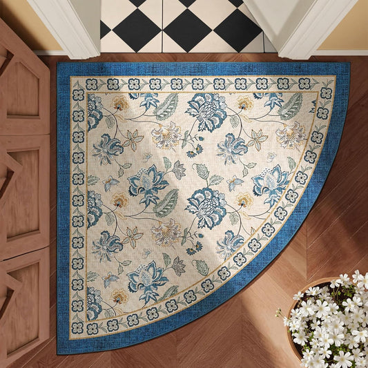 jinchan Floral Corner Rug for Entryway Washable Kitchen Rug Vintage Romance Design Non Slip Quarter Circle Lightweight Low-Pile Throw Carpet for Playroom Reading Nook Nursery, 4ft Radius, Blue/Beige