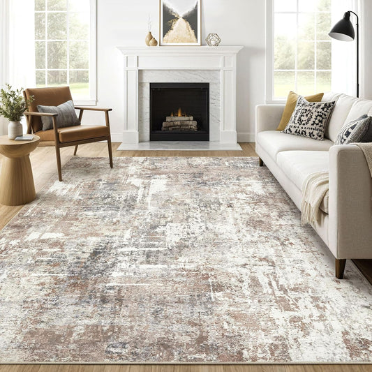10x14 Area Rugs Living Room: Washable Large Abstract Modern Soft Rug Stain Resistant Indoor Floor Non Slip Accent Carpet for Bedroom Nursery Playroom Office Dining Room Dorm Home House- Brown