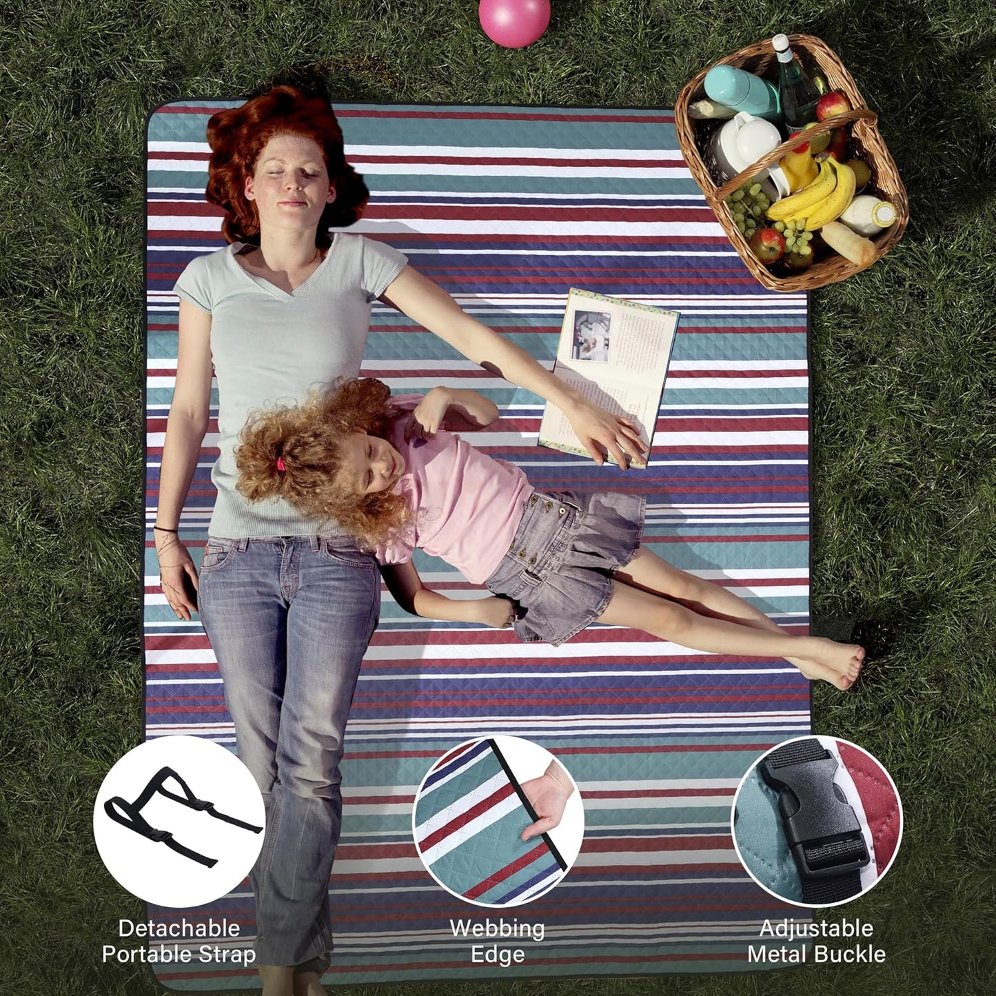 HX&OD Extra Large Picnic Blanket Outdoor 80”x80” Waterproof Picnic Mat Foldable 3-Layer Camping Blanket Portable with Carry Strap Park Blanket for Grass(Red)