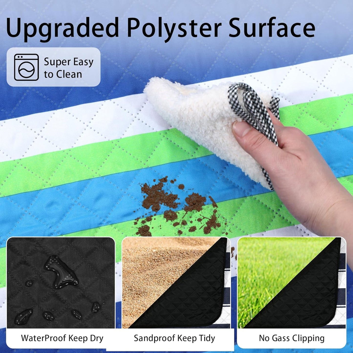 HX&OD Large Picnic Blanket Outdoor 80”x60” Waterproof Picnic Mat Foldable 3-Layer Camping Blanket Portable with Carry Strap Park Blanket for Grass(Blue)