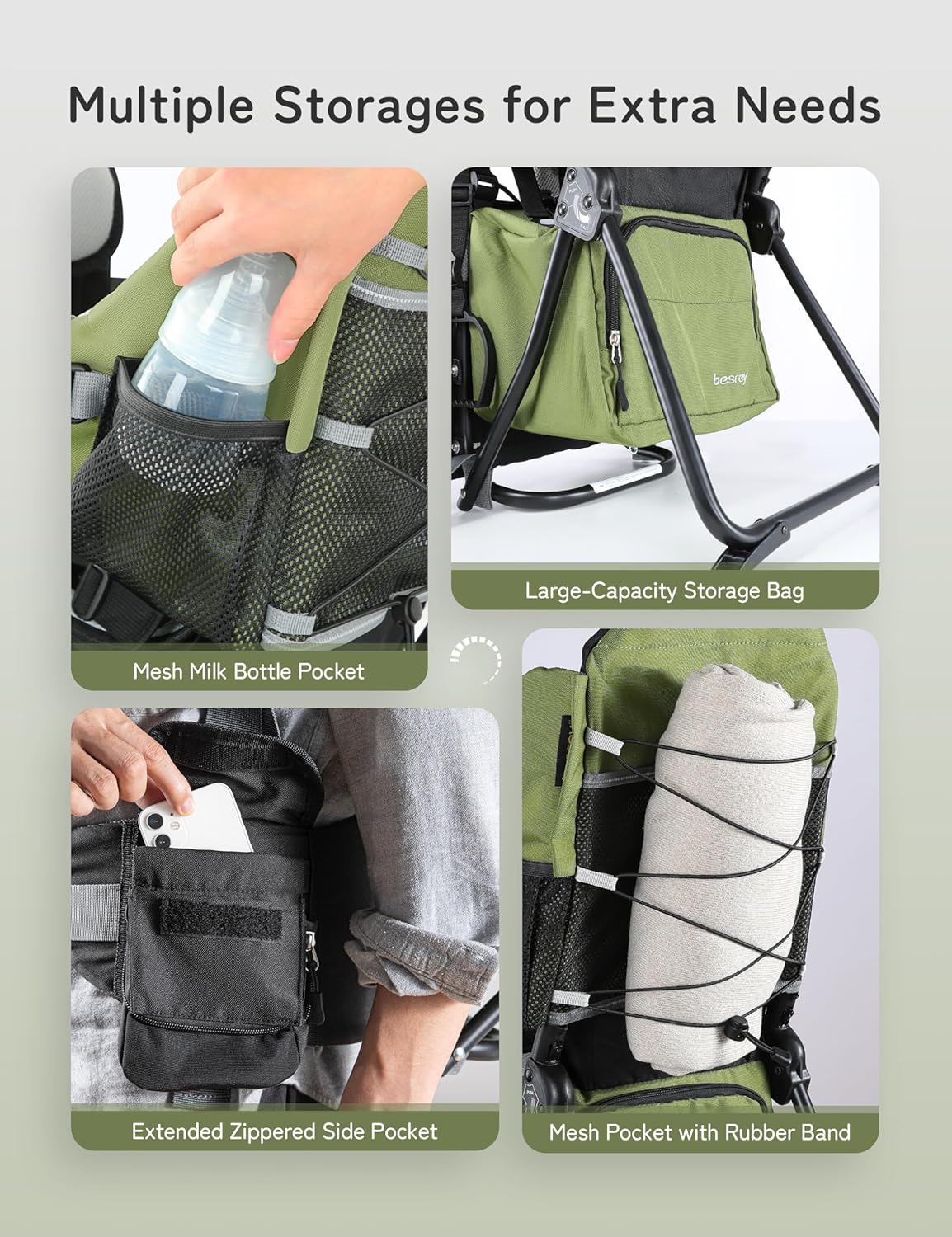 besrey Baby Backpack Carrier, Toddler Hiking Backpack with Safety 3-Height Seat, Adjustable Straps&Waist Belt, Foldable Frame Lightweight Large Capacity Child Carrier for Hiking (Army Green)