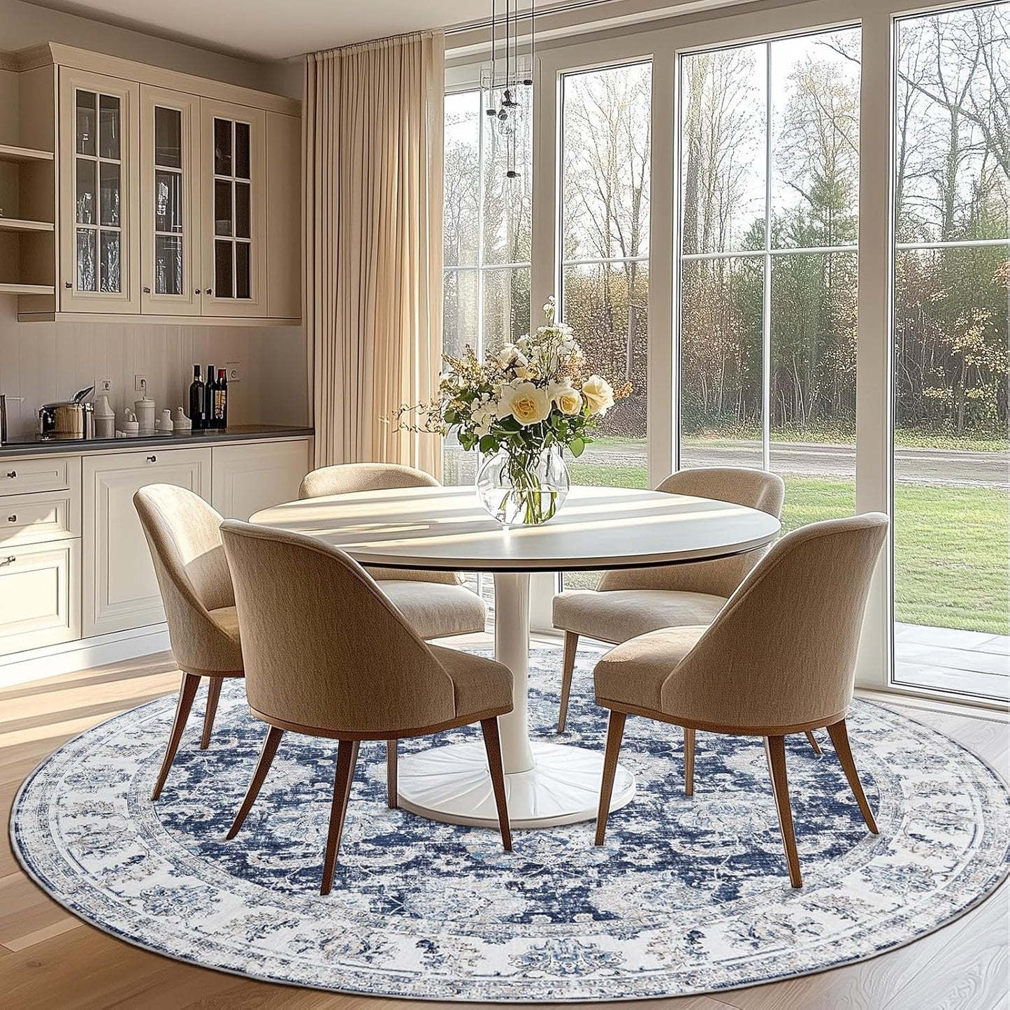 jinchan Round Rug 7ft Area Rugs Vintage Floral Distressed Design Machine Washable Non-Slip Low-Pile Ultra-Thin Circle Rug for Living Room Dining Room Bedroom Home Office Farmhouse (7' Round,Dark Blue)