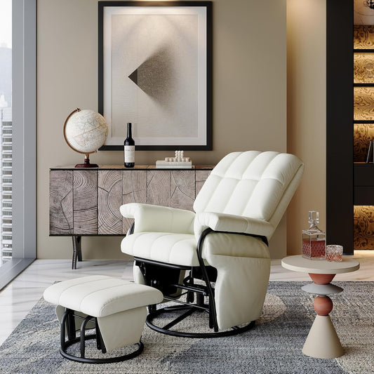 AODAILIHB Swivel Glider Recliner with Ottoman, 360 Rocking Chair with Foot Rest Recliner Chair Indoor Rocking Chair with Side Pockets Nursery Chairs for Living Room, Bedroom, Office (White)