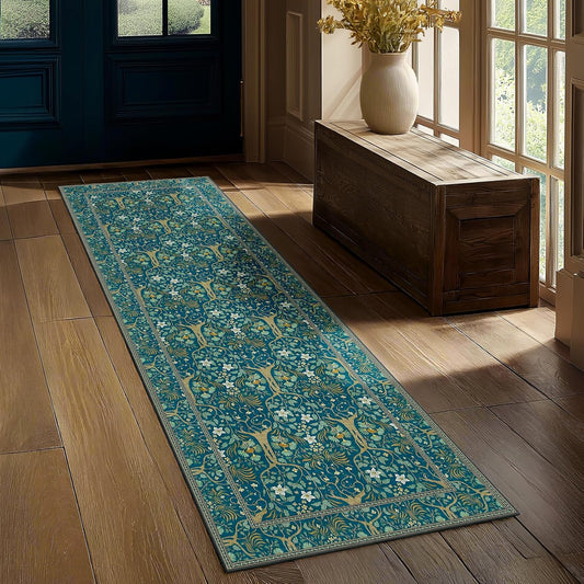 Joydeco Washable 2x6 Rug Runners for Hallways Non Slip, Boho Floral Bathroom Rug Runner, Soft Botanical Forest Indoor Floor Throw Carpet for Kitchen Laundry Room Entryway, Dark Blue