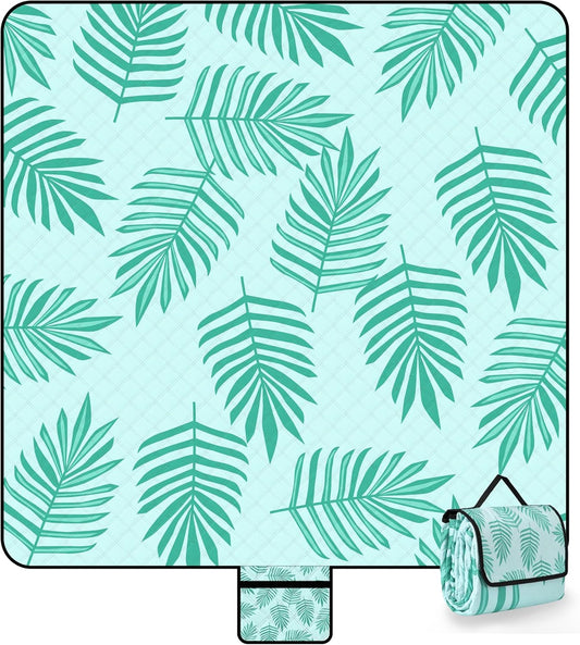 Picnic Blankets Waterproof Sandproof, 79''x79'' Extra Large Foldable & Portable Beach Blanket, 3-Layer Fabric Outdoor Mat for Family Camping, Park, Travel, Grass Lawn, Adults & Kids-Tropical Fern