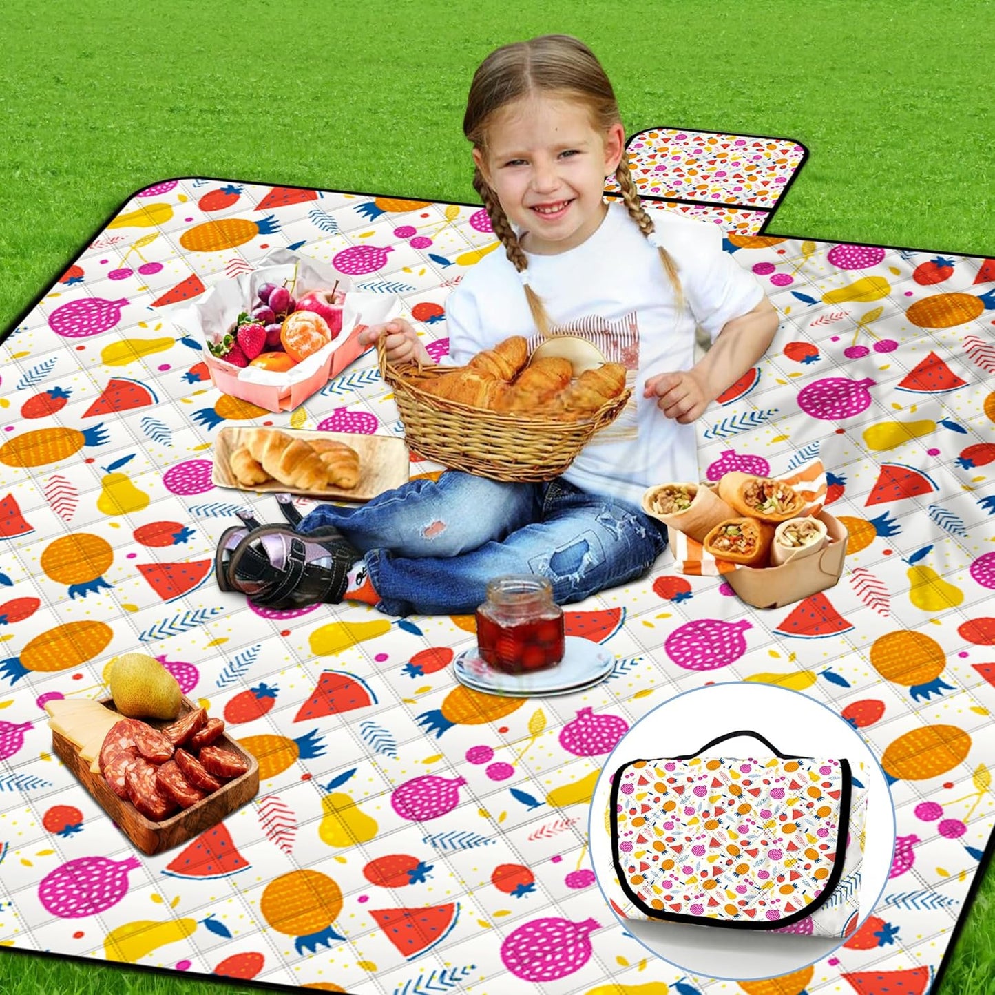 Poedist Extra Large Picnic Blanket Waterproof,80"x 80"Foldable Machine Washable Beach Blanket,Outdoor Blanket for 6-8 Adults,Suitable for Indoor Crawling,Park Beach,Camping,Hiking,Family Travel(Fruit
