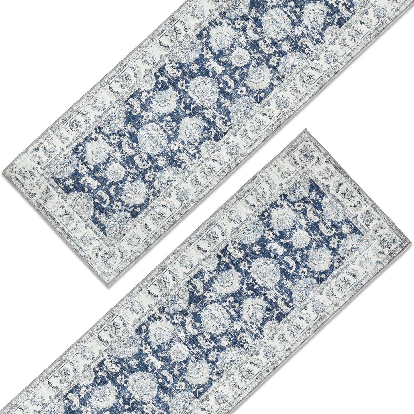 jinchan Runner Rug 3x8-2pcs Kitchen Washable Vintage Hallway Rug Floral Print Floor Cover Indoor Thin Retro Mat Accent for Bathroom Laundry Room Bedroom Office Farmhouse (Double,Dark Blue)