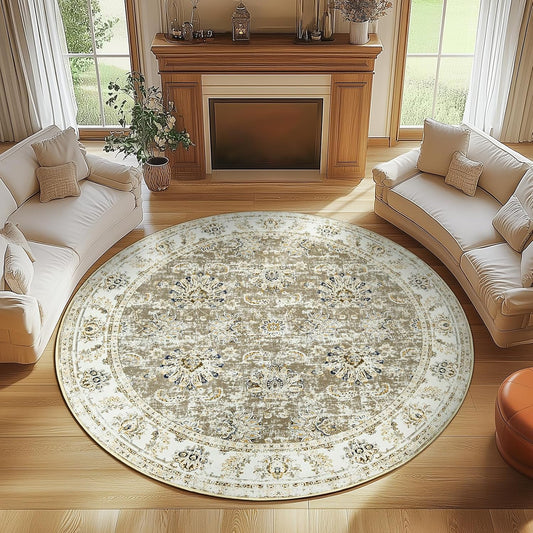 jinchan Round Rug 7ft Area Rugs - Vintage Floral Distressed Design Machine Washable Non-Slip Low-Pile Ultra-Thin Circle Rug for Living Room Dining Room Bedroom Home Office Farmhouse (7' Round,Taupe)