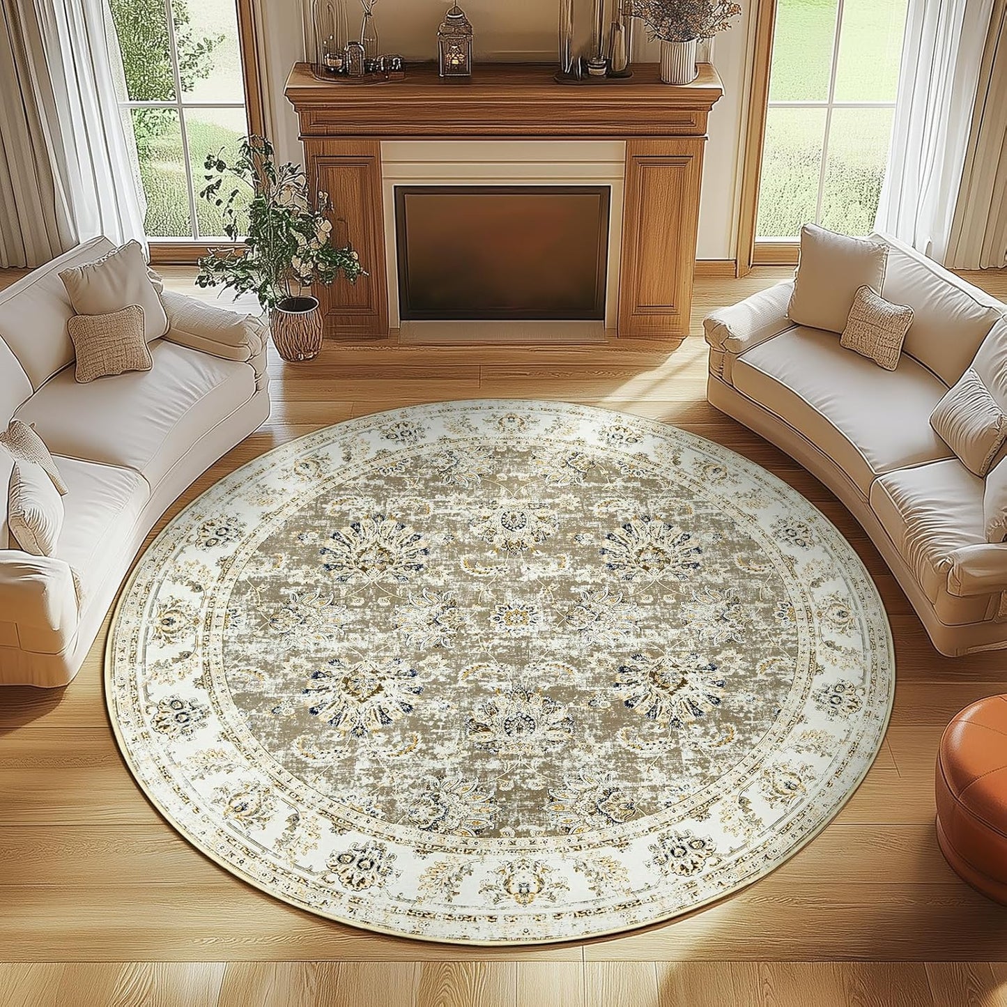 jinchan Round Rug 8ft Area Rugs - Vintage Floral Distressed Design Machine Washable Non-Slip Low-Pile Ultra-Thin Circle Rug for Living Room Dining Room Bedroom Home Office Farmhouse (8' Round,Taupe)
