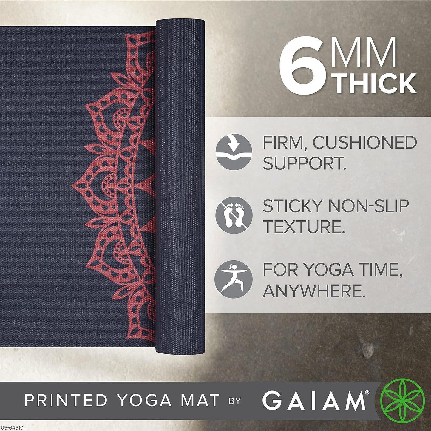 Gaiam Yoga Mat - Premium 6mm Print Extra Thick Non Slip Exercise & Fitness Mat for All Types of Yoga, Pilates & Floor Workouts (68"L x 24"W x 6mm Thick)
