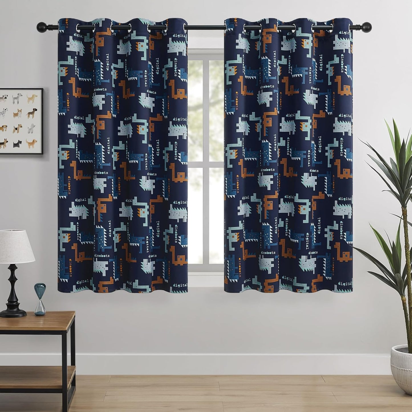 Kids Blackout Curtains - Pixel Dinosaur Curtains, 100% Blackout, 2 Panels, Each W52×L63, Thermal Insulated, Noise Reducing for Kids Bedroom, Bring a Playful and Retro Touch to Your Child’s Room