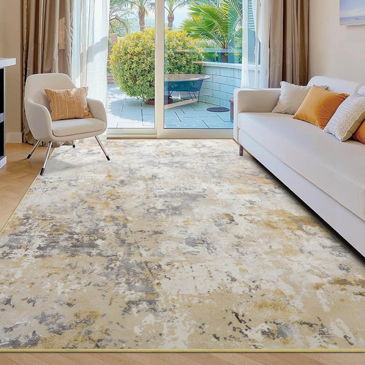 Kelarea 4x6 Rug for Living Room, Beige Washable Non-Slip Rugs, Low Pile Soft Modern Abstract Carpet for Bedroom, Kitchen, Dining Room, Classroom, Dorm, Nursery, Home Office